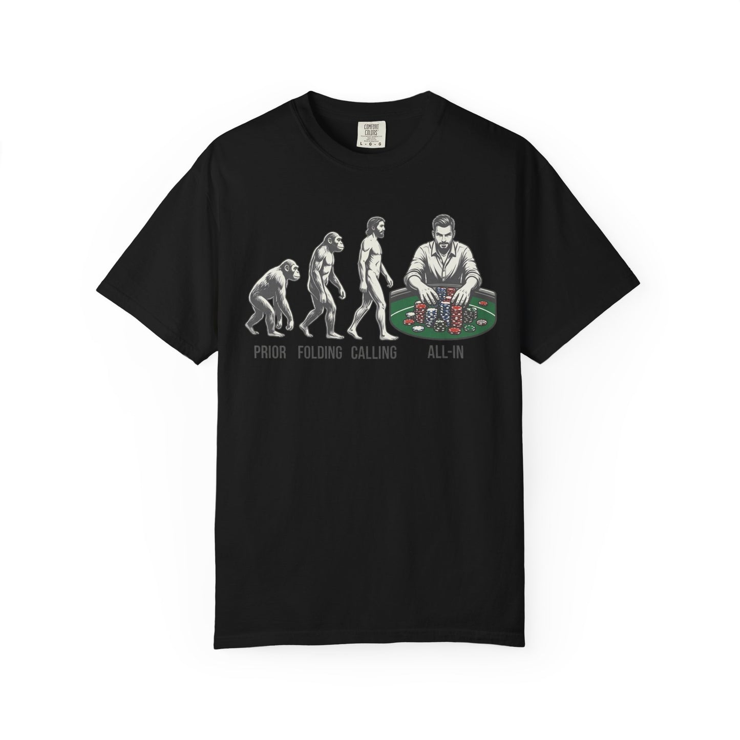 Poker Evolution T-Shirt – "Prior, Folding, Calling, All-In" Graphic Tee