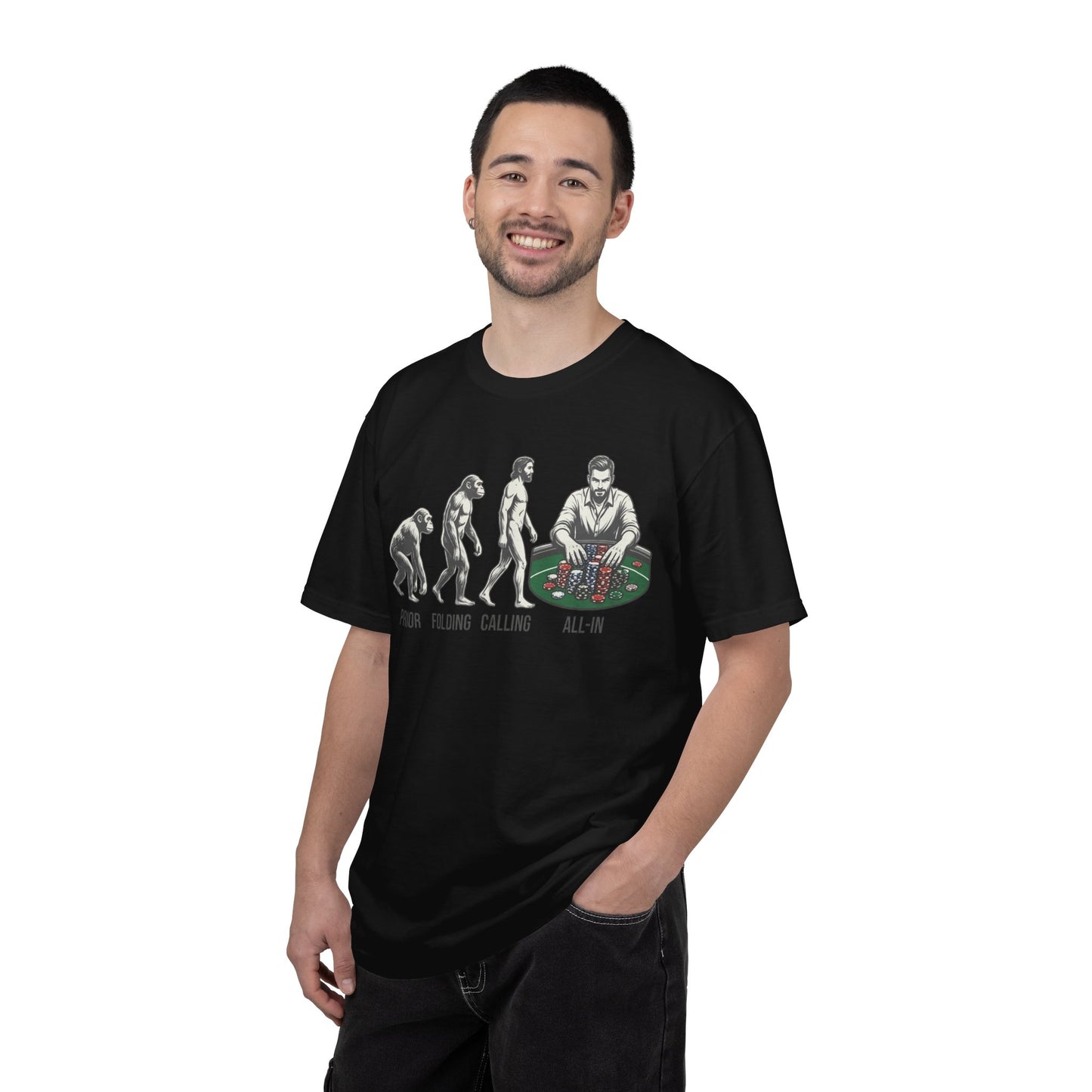 Poker Evolution T-Shirt – "Prior, Folding, Calling, All-In" Graphic Tee