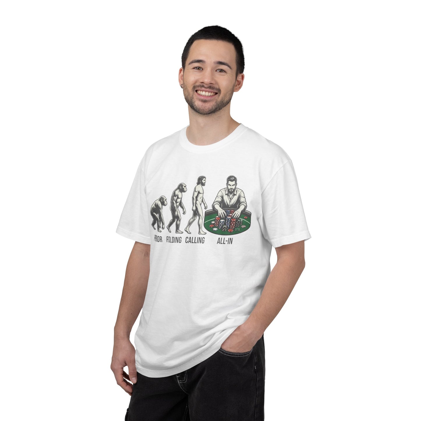 Poker Evolution T-Shirt – "Prior, Folding, Calling, All-In" Graphic Tee